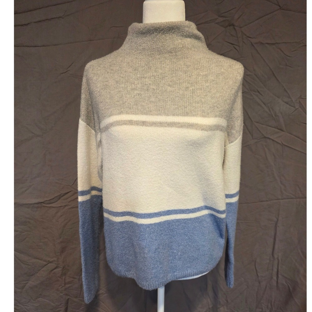 C & C California Sweater Grey Cream Blue Striped Mock Neck Size L 19x23